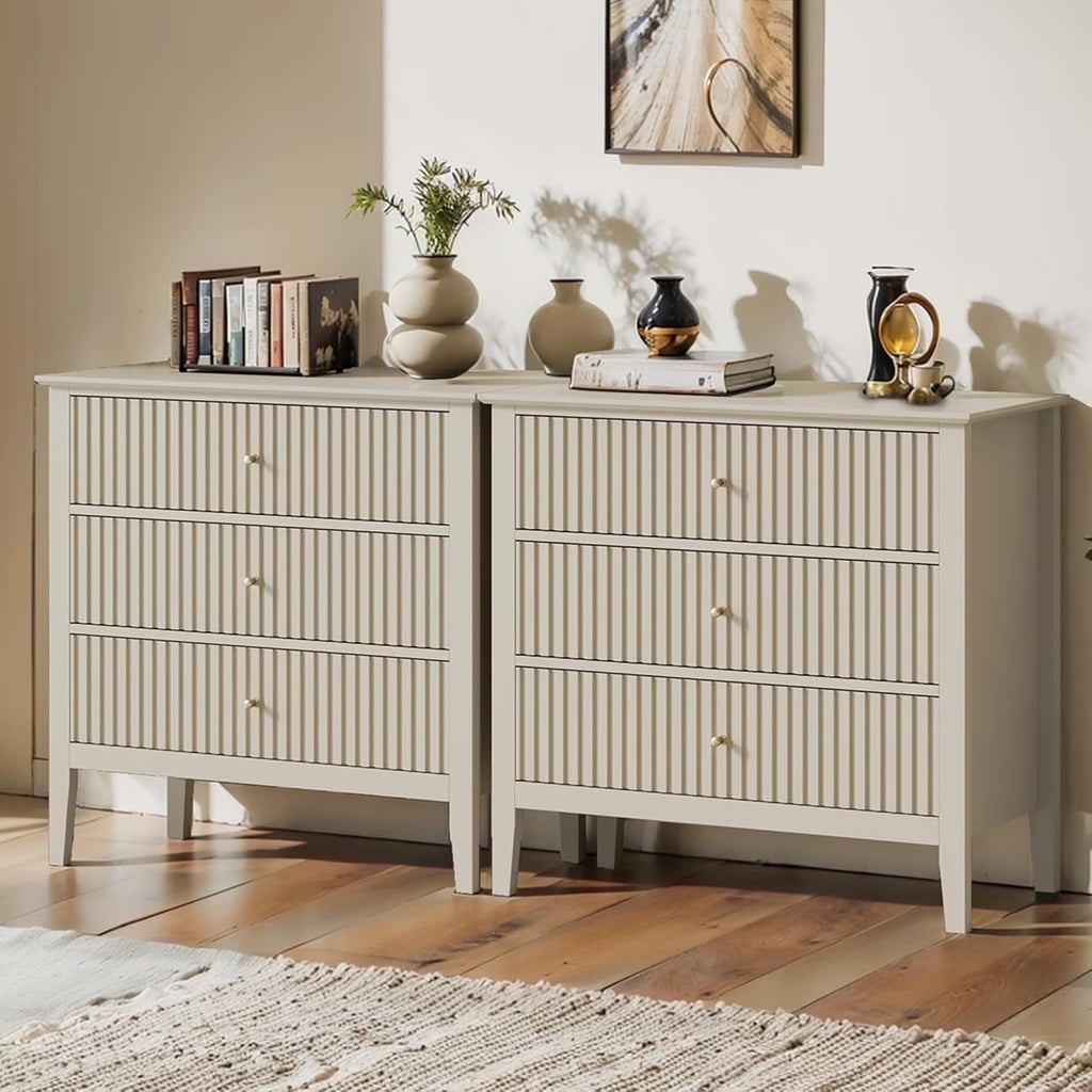 May Color Large White 3 Drawer Dresser Set of 2 with Fluted Panel, Modern Chest of Drawers with Silent Slide Drawers, Wood Accent Nightstand with Storage for Bedroom Living Room, Hallway