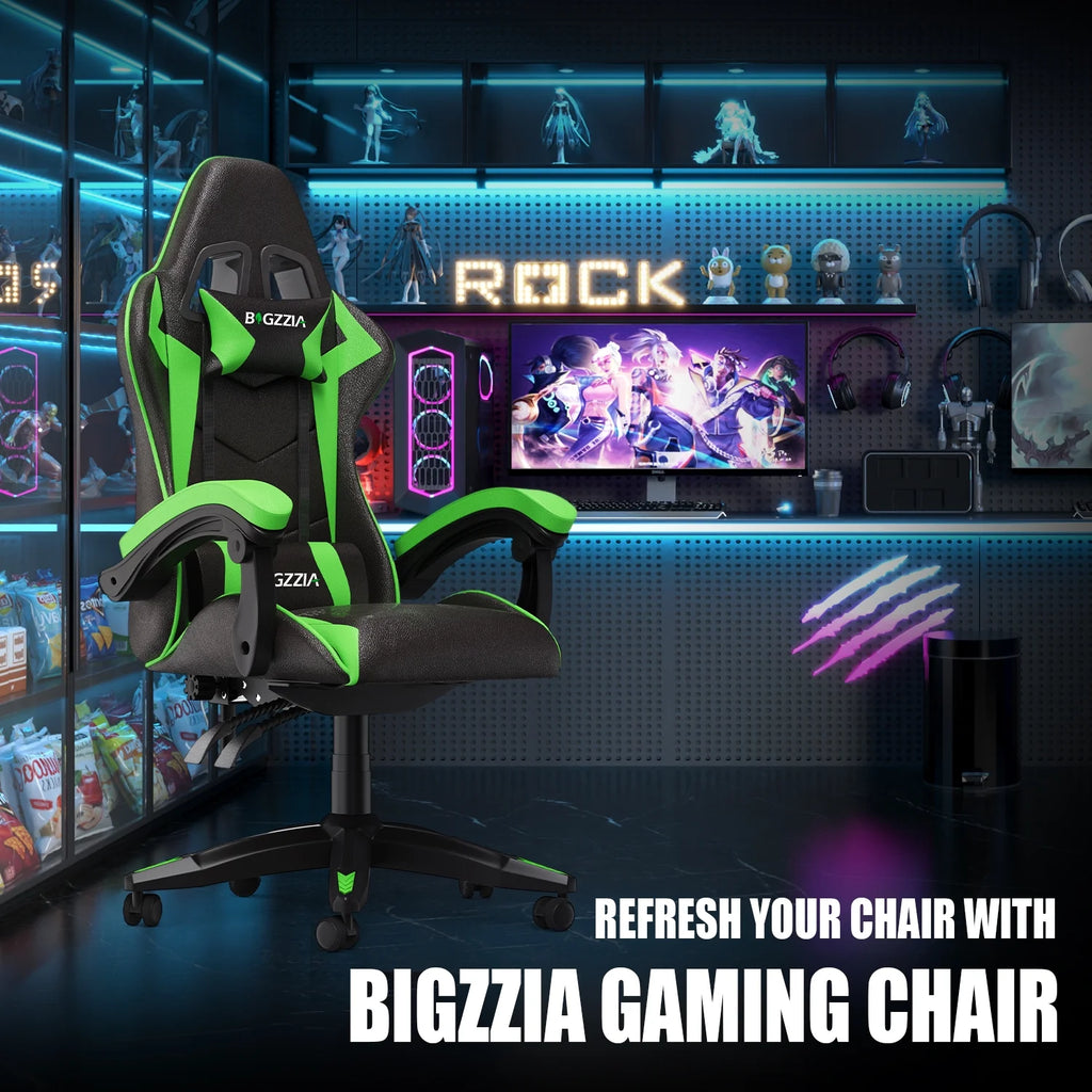 Bigzzia Gaming Chair Office Chair, Ergonomic Game Chair with Height Adjustable Headrest and Lumbar Support for Adults Teens, Black & White