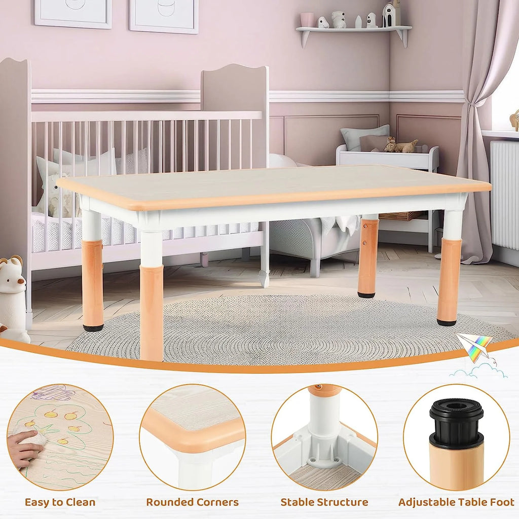 Arlopu Adjustable Kids Table and 6 Chairs Set, Toddler Play Activity Table Set with Graffiti Tabletop, Preschool Kids Furniture Table Set for Reading, Drawing, Eating