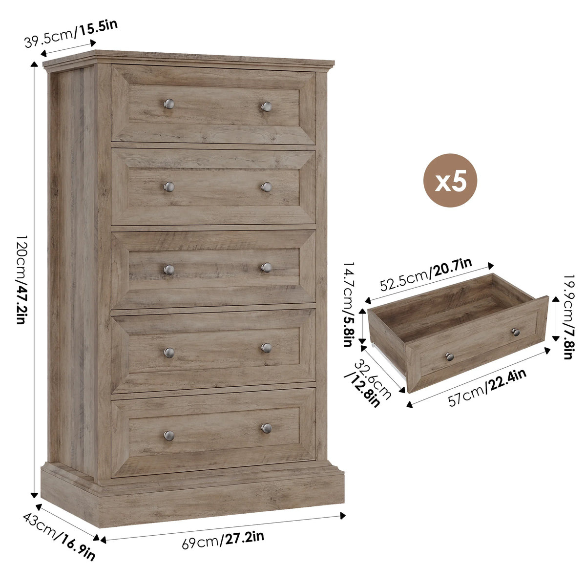 Homfa 5 Drawer Bedroom Dresser, Tall Wood Nightstand Storage Cabinet for Office Living Room,Gray