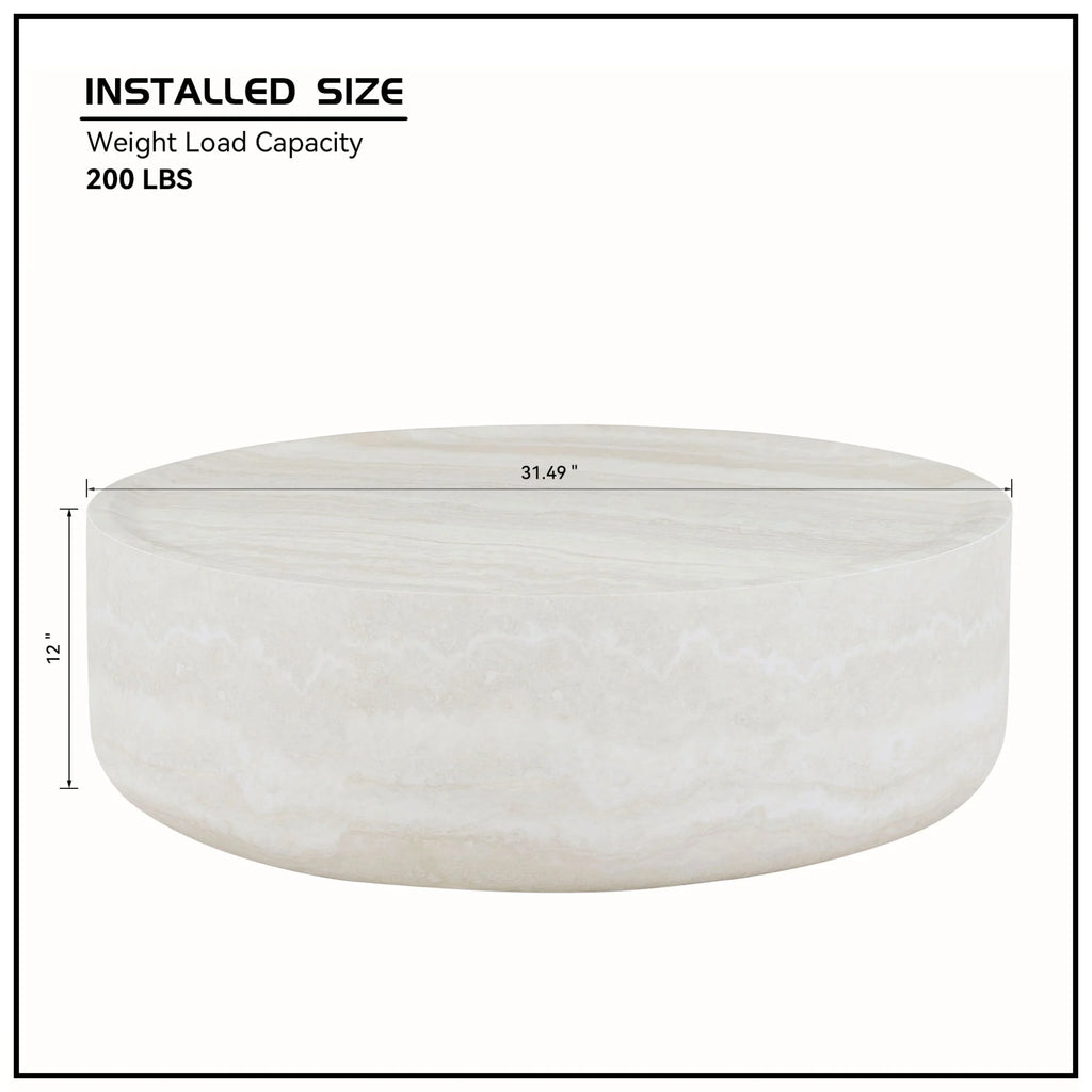 31.49'' Round Coffee Table with Marble Texture, Modern Low Drum Circle Fiberglass Coffee Table, Side Table Accent Table for Living Room, Outdoor, No Need Assembly, Marble
