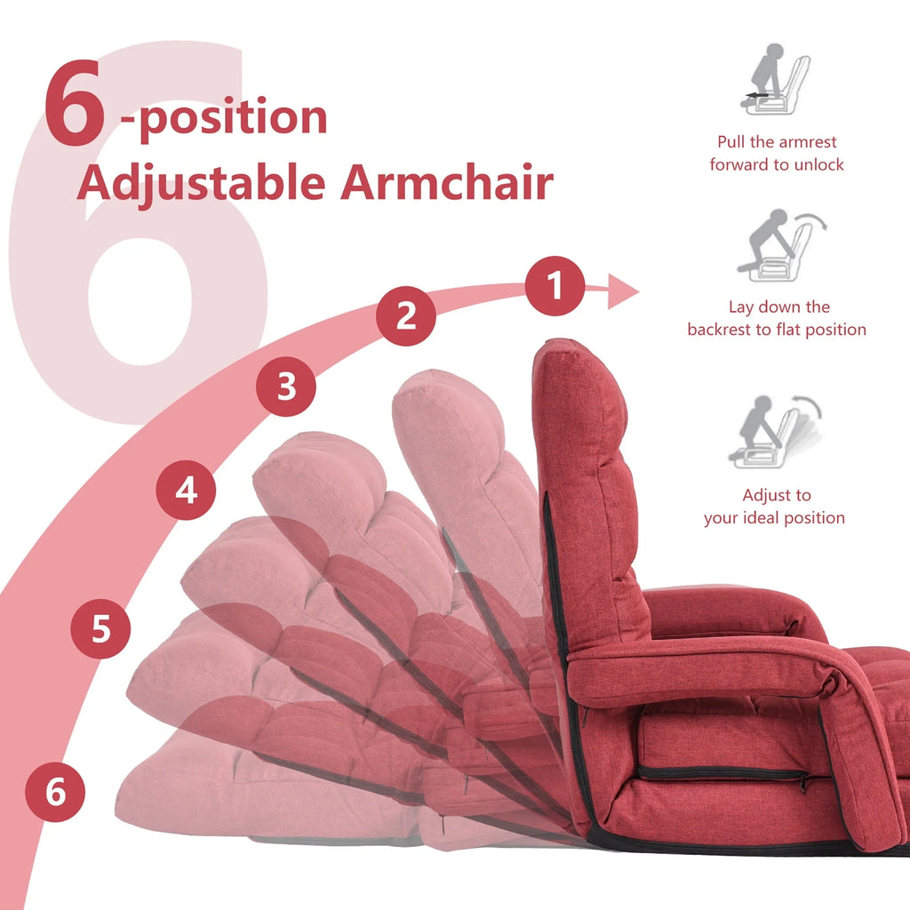 Costway Folding Floor Armchair w/ 6-position Adjustable Back & Lumbar Pillow Red