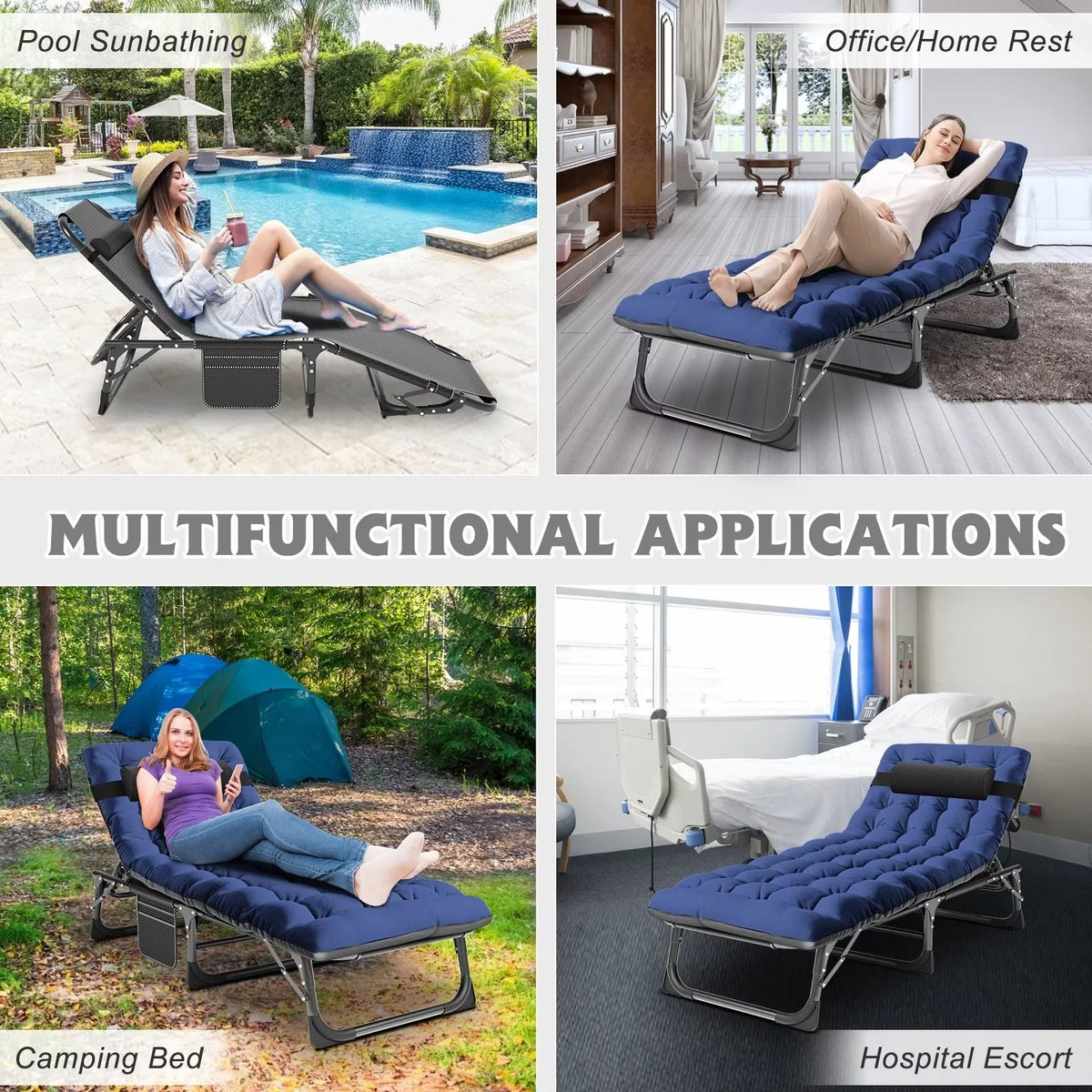 MOPHOTO Lounge Chair with Mattress, Outdoor Chaise Lounge Support 440 Lbs, Adjustable Portable Heavy Duty Sleeping Cots Bed for Camping, Pool, Beach, Patio