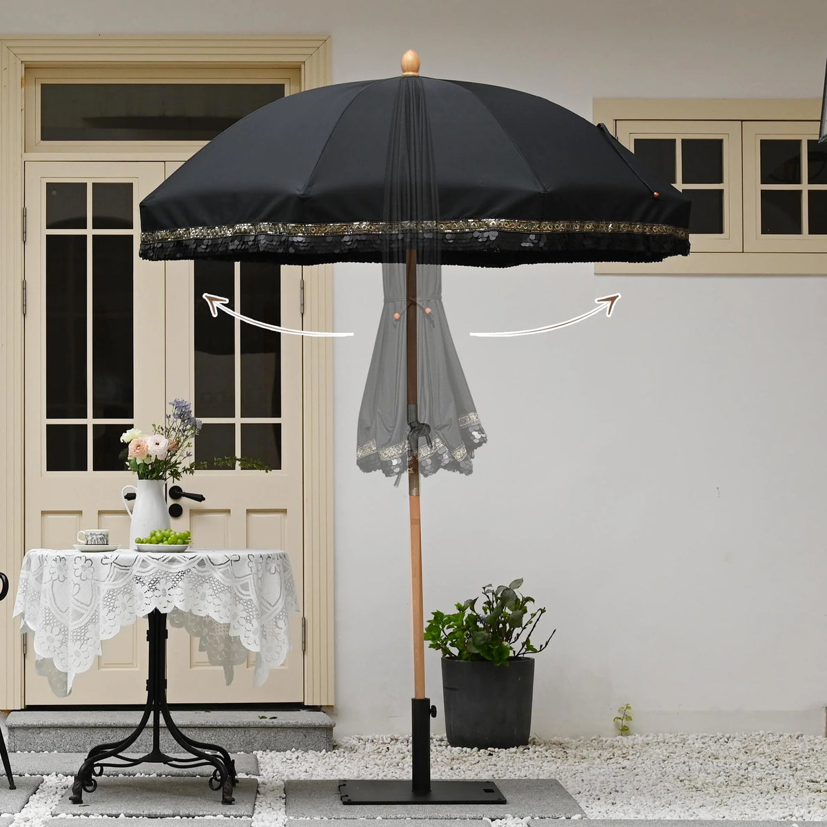 LAGarden 6 Ft Fringe Patio Umbrella with Tassel Jazz Age Wood UPF50+ for Outdoor, Beige with gold tassel,Model: JZ6-01