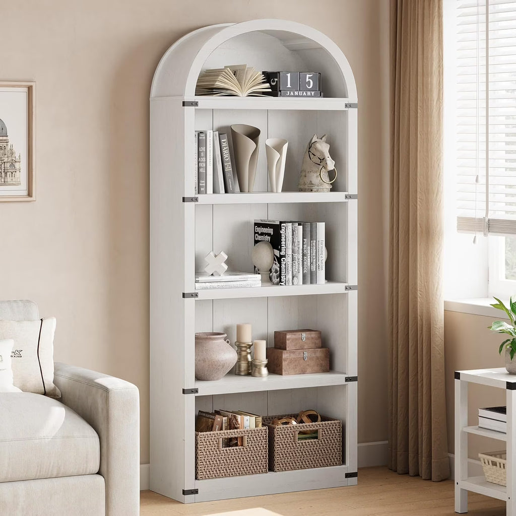 Bookcase 5 Shelf Arched Bookshelf 71.65in Tall Bookcase Farmhouse Display Storage Rack Wooden Bookshelves for Home Office, Living Room(white)