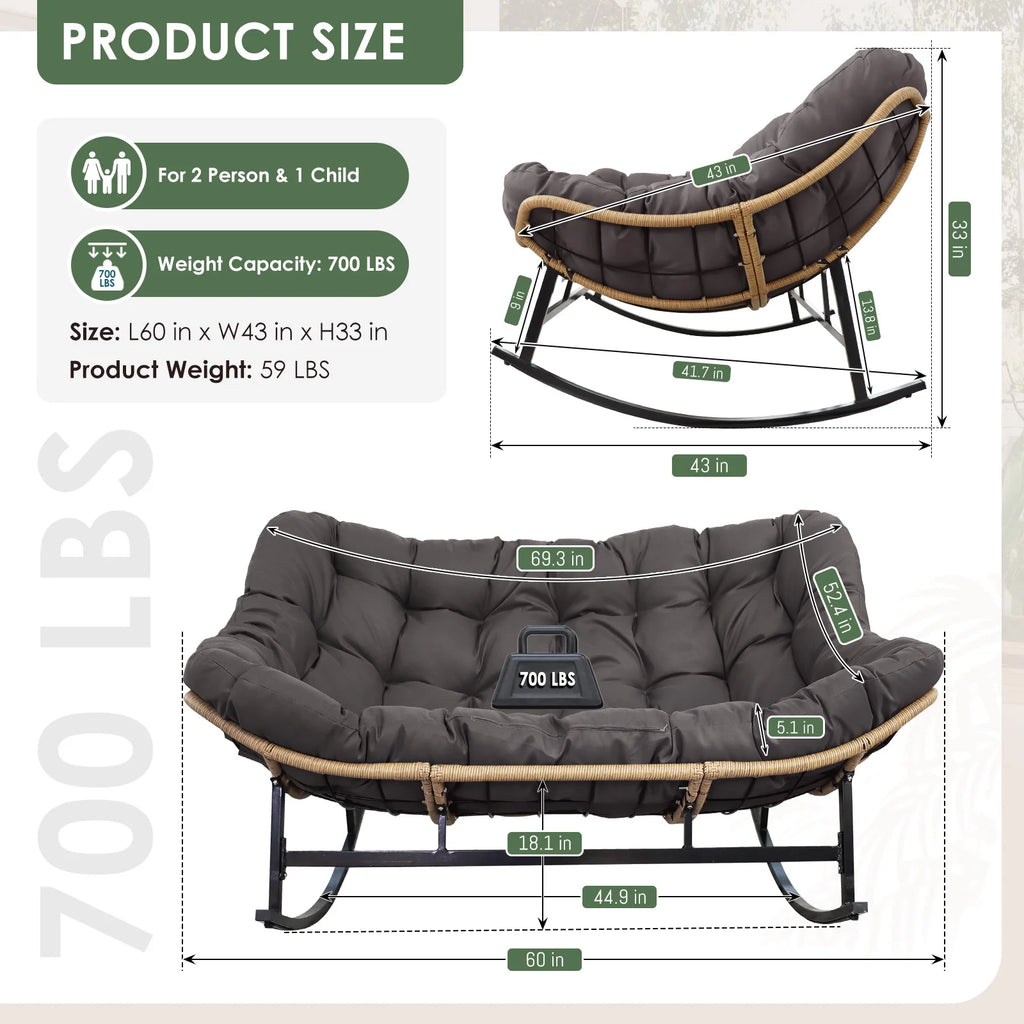 RADIATA Beige Double Outdoor Rocking Chair, 2 Person Patio Rocking Egg Chair with Thick Cushion