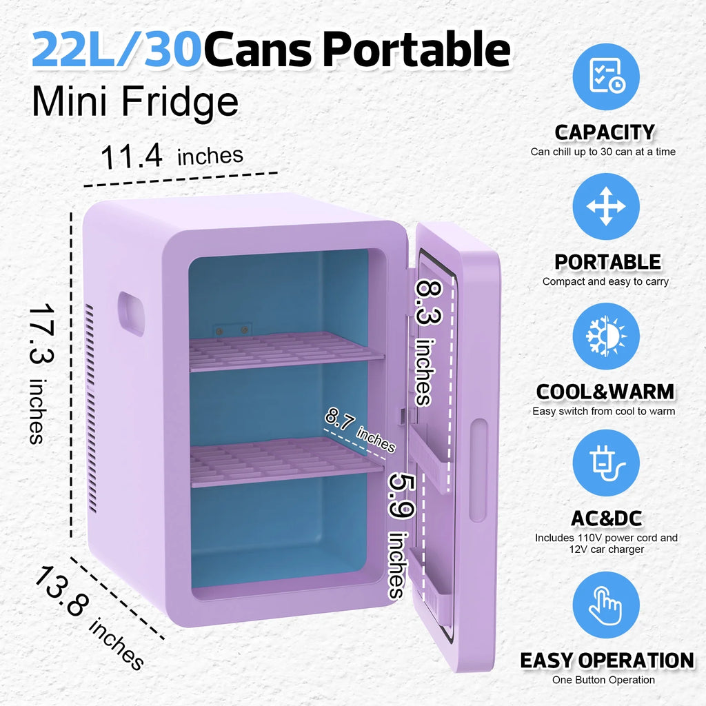 Advwin 22L Mini Fridge Cooler, Compact Personal Refrigerators for Skincare, Beverage, Purple