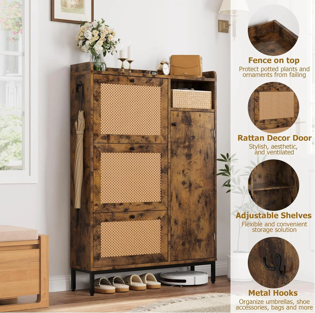 Garvee Rattan Shoe Storage Cabinet with Doors and 3 Flip Drawers, Freestanding Organizer with Adjustable Shelves for Entryway, Narrow Shoe Rack Cabinet for Hallway, Easy Assembly, Oak Color