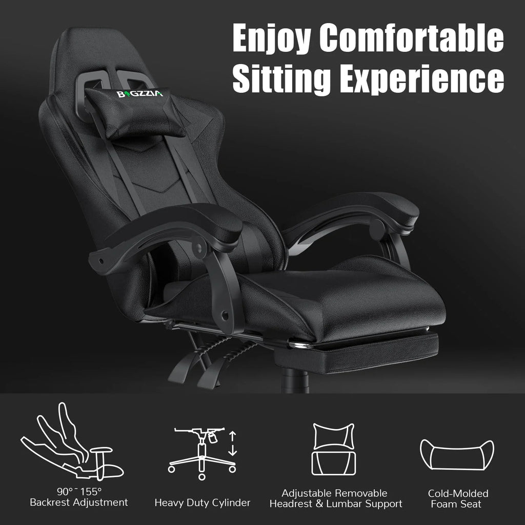 Bigzzia Gaming Chair Office Chair, Ergonomic Game Chair with Height Adjustable Headrest and Lumbar Support for Adults Teens, Black & White