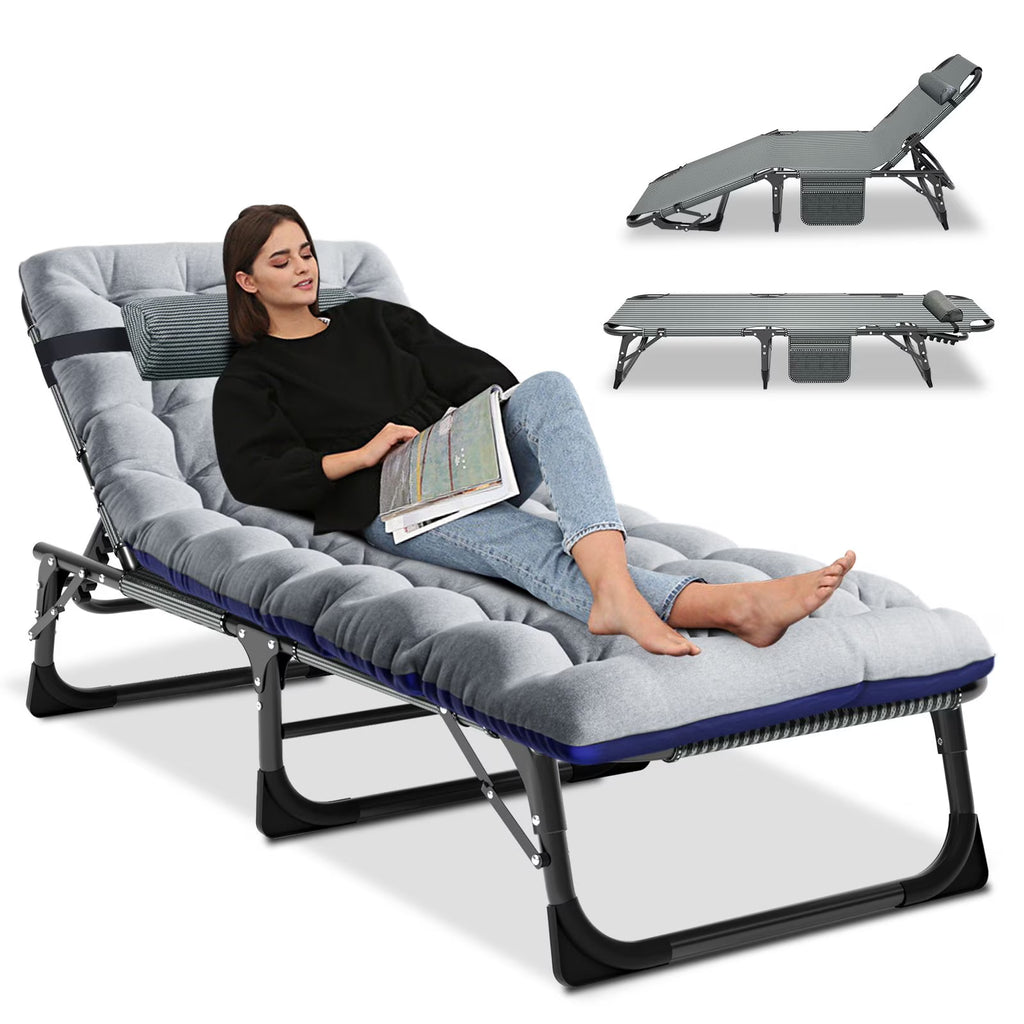 MOPHOTO Lounge Chair with Mattress, Outdoor Chaise Lounge Support 440 Lbs, Adjustable Portable Heavy Duty Sleeping Cots Bed for Camping, Pool, Beach, Patio