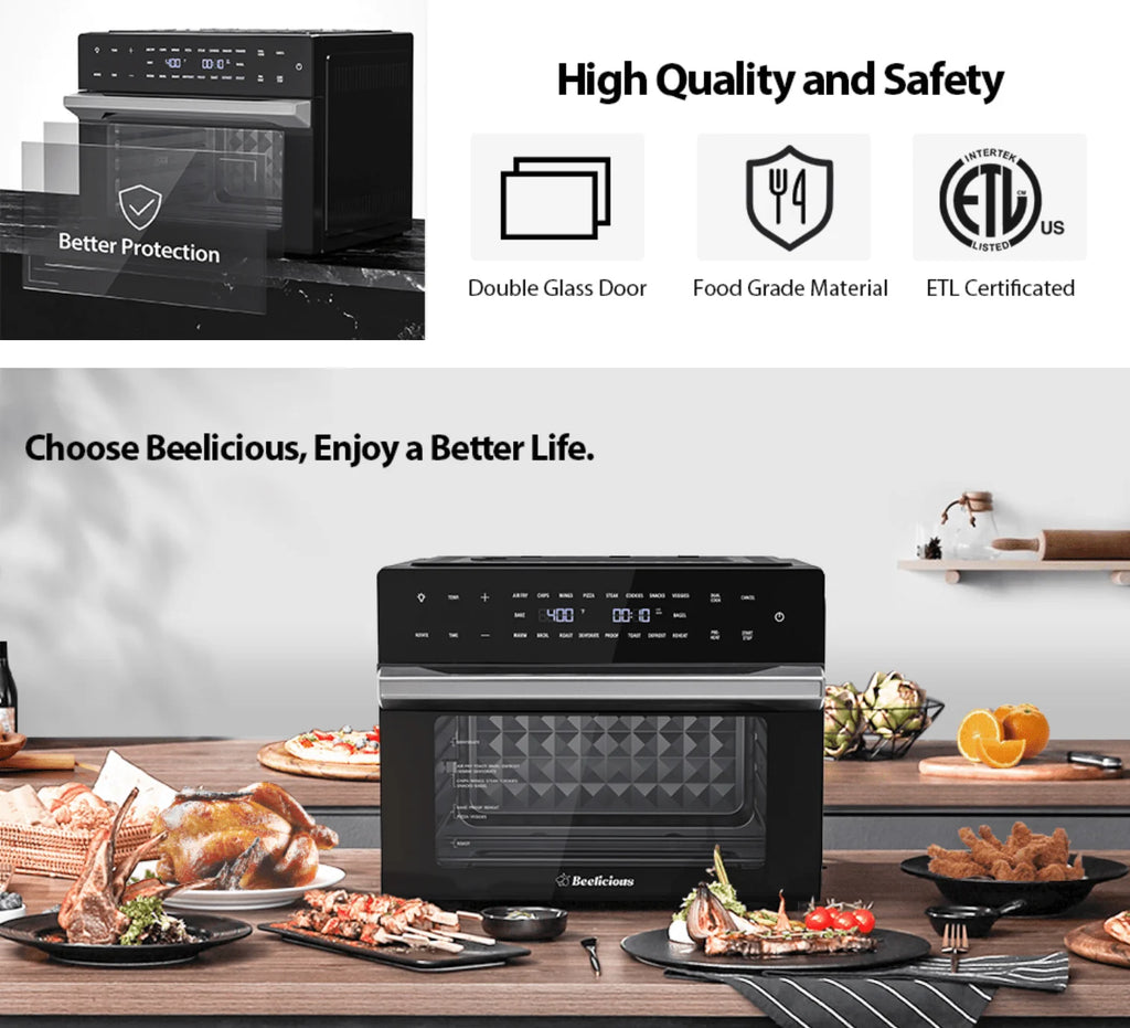 Beelicious? 32QT Extra Large Air Fryer Toaster Ovens Pro, with Rotisserie and Dehydrator, Smart Digital Toaster Oven Air Fryer Combo, Digital Countertop Convection Oven, 6 Accessories, 1800w, Black