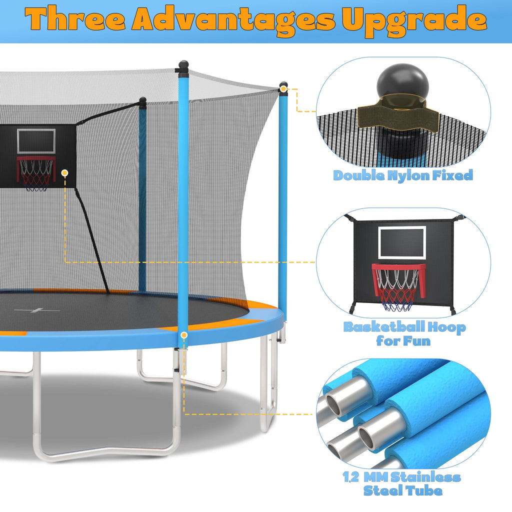 SHINPT 14ft Trampoline for Kids, Outdoor Trampoline with Net, Big Trampoline with Basketball Hoop and Ladder, Heavy Duty Trampoline with No-gap Design, Backyard Trampolines for Adult