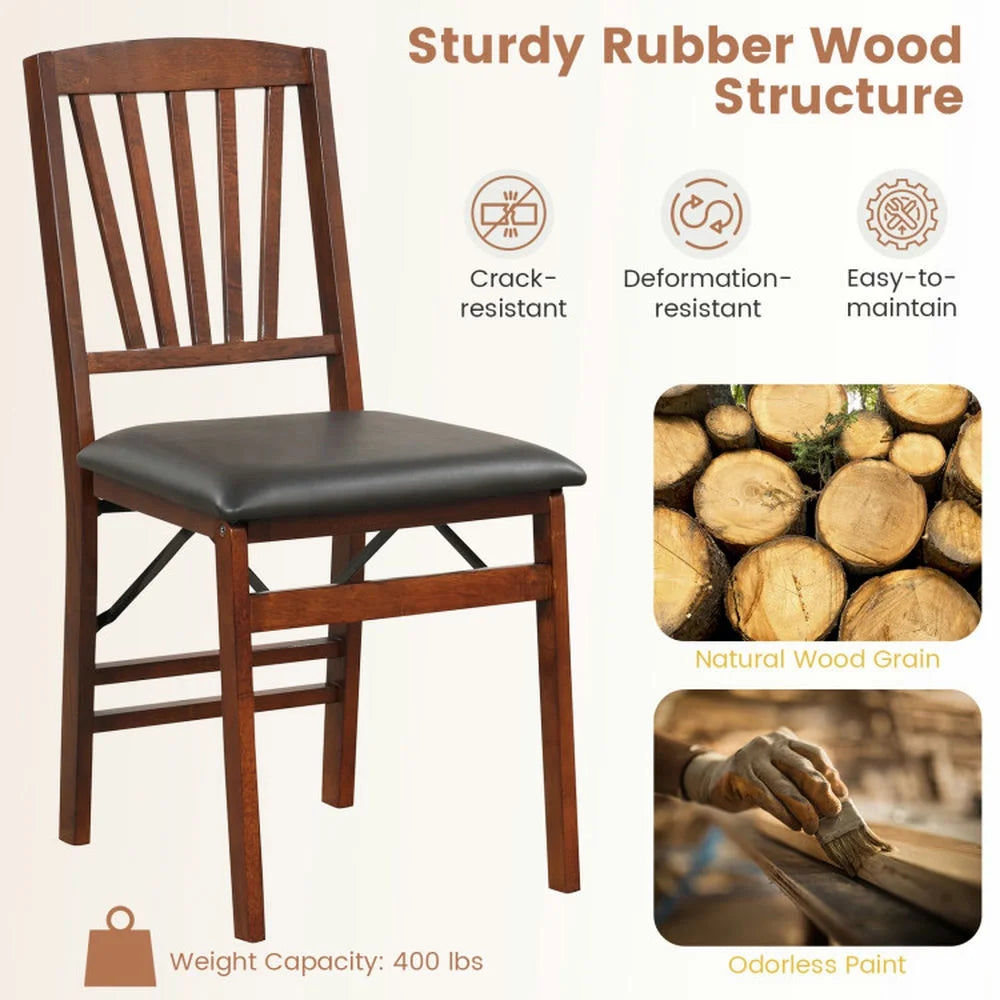 Spaco Set of 2 Folding Chairs with Padded Seat and Rubber Wood Frame-Brown, Lounge Chair, Dining Room Chair for Kitchen, Dining, Bedroom, Living