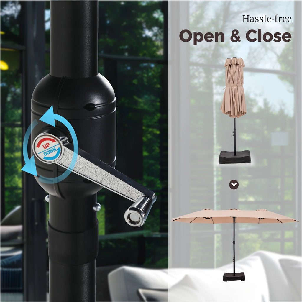 Alpha Joy 15ft Outdoor Patio Umbrella Extra-Large Double-Sided Garden Umbrella with Crank Handle and Base - Smoky Gray