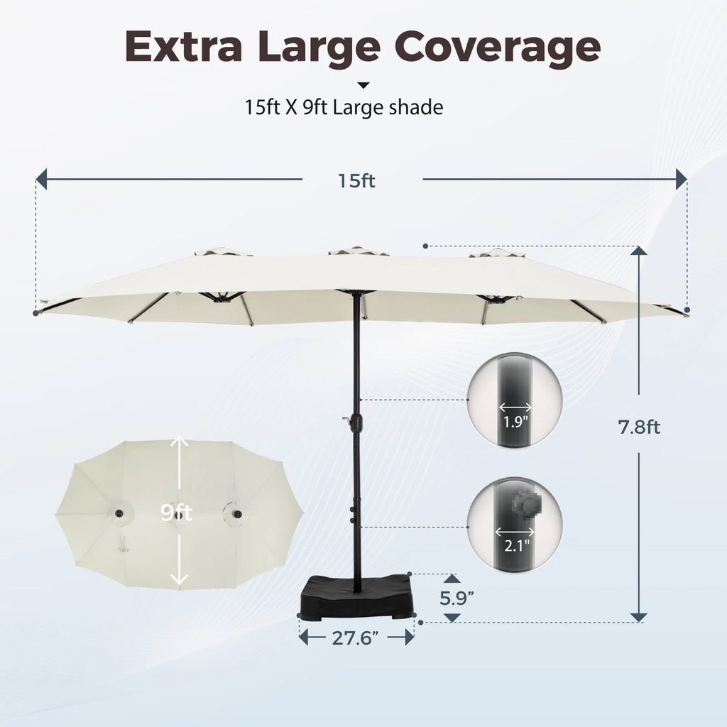 Alpha Joy 15ft Outdoor Patio Umbrella Extra-Large Double-Sided Garden Umbrella with Crank Handle and Base - Smoky Gray