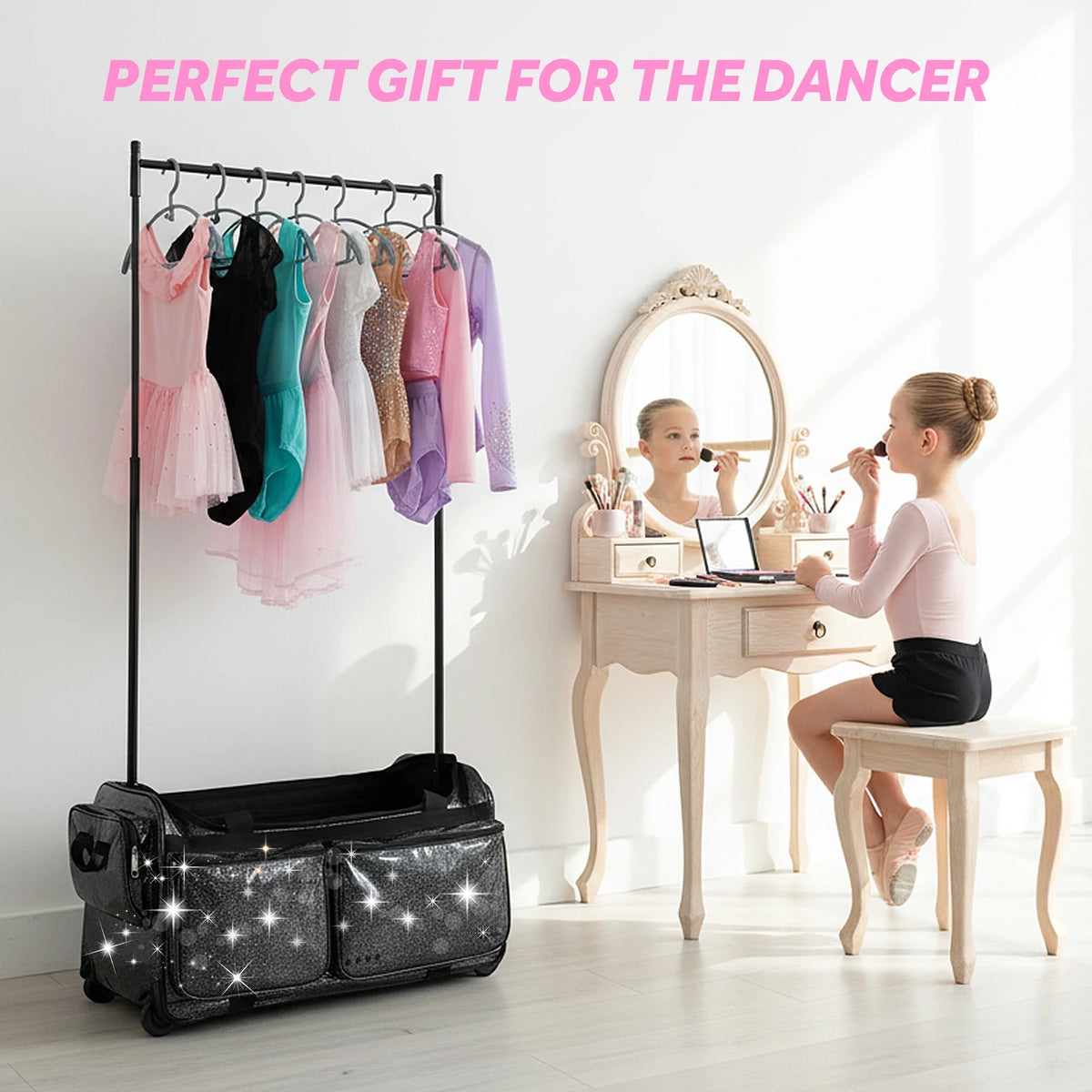 Dance Bag with Garment Rack,23"Glitter Rolling Dance Competition Bag with Organizer Bag, Collapsible Dance Travel Bag Suitcase for Dancers Performer Artist,Pink