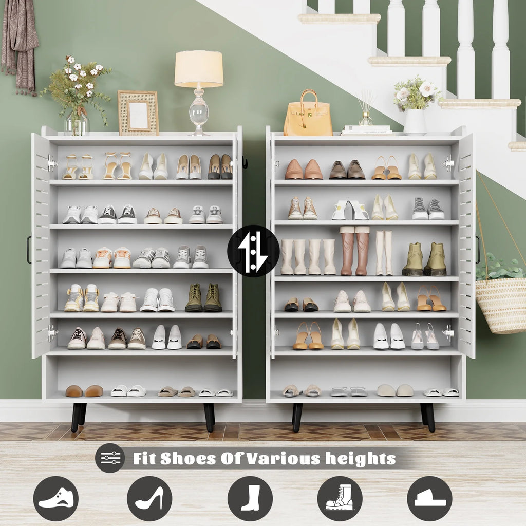 Shoe Cabinet with Doors,7-Tier Modern Shoe Storage Cabinet with Adjustable Shelves,50" Large Wooden Shoe Cabinet Storage for Entryway Front Door Hallway Living Room,White