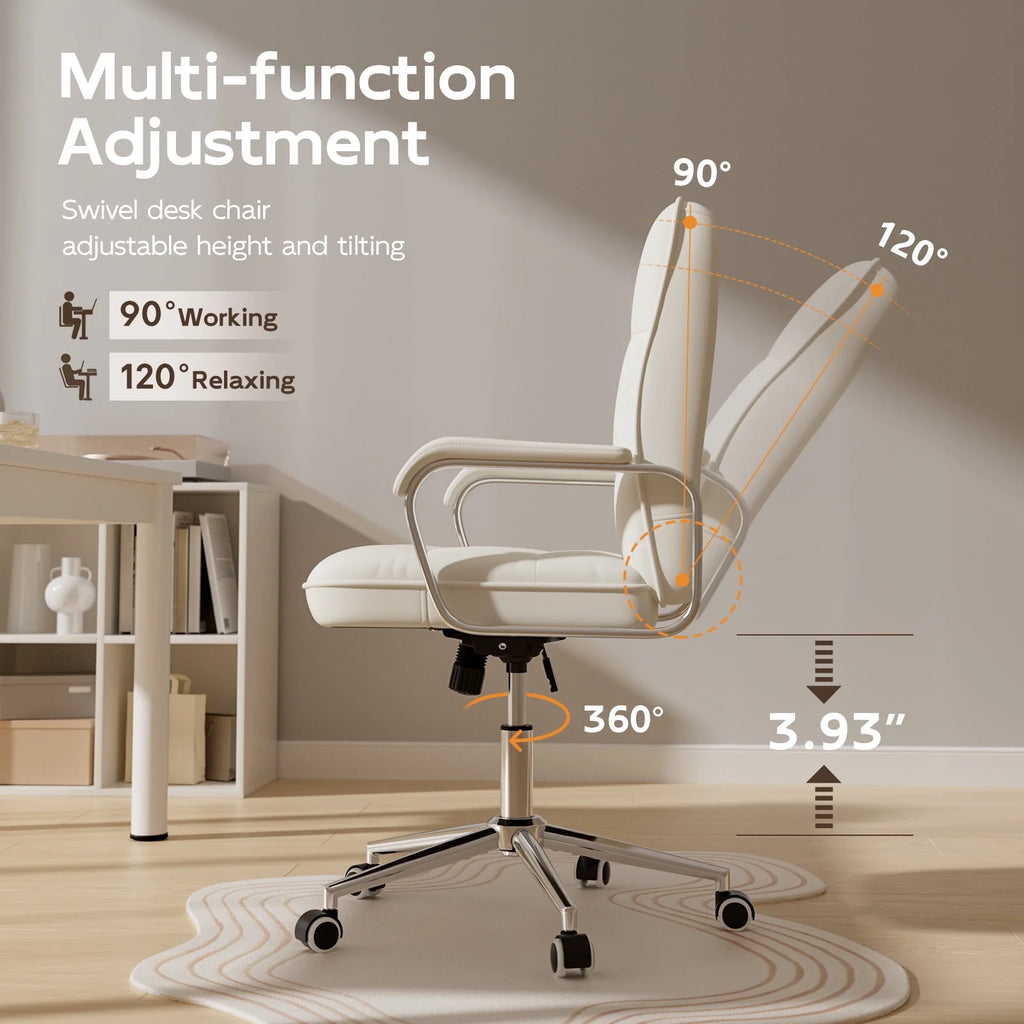 Solfway White Office Chair, Swivel Leather Computer Desk Chair with Wheels and Padded Arms, Executive Office Chair for Adults