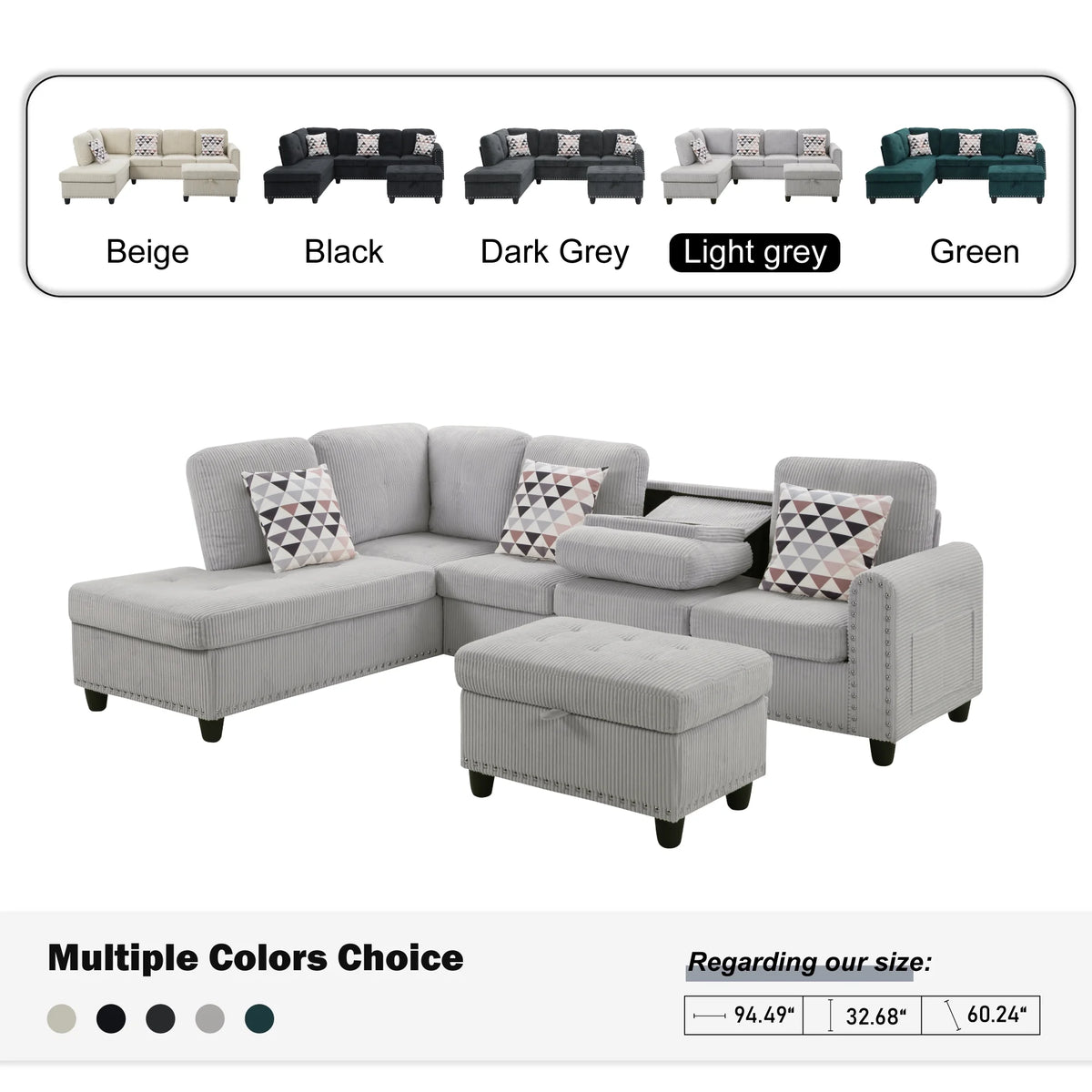 AENKYO 95�� L-Shaped Corduroy Modular Sectional Sofa with Ottoman & Cup Holders �C Living Room Couch for Apartments��Light Gray