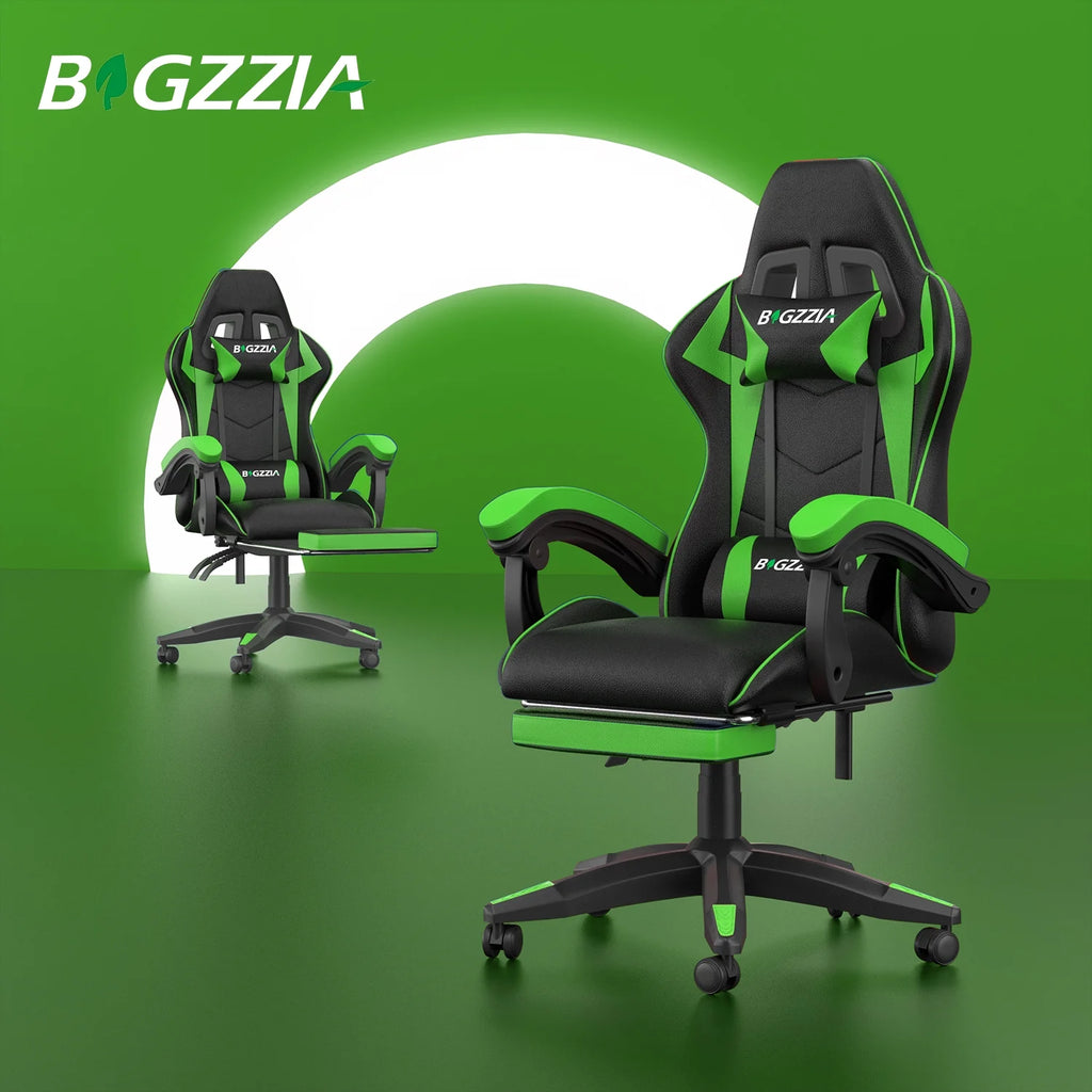 Bigzzia Gaming Chair Office Chair, Ergonomic Game Chair with Height Adjustable Headrest and Lumbar Support for Adults Teens, Black & White