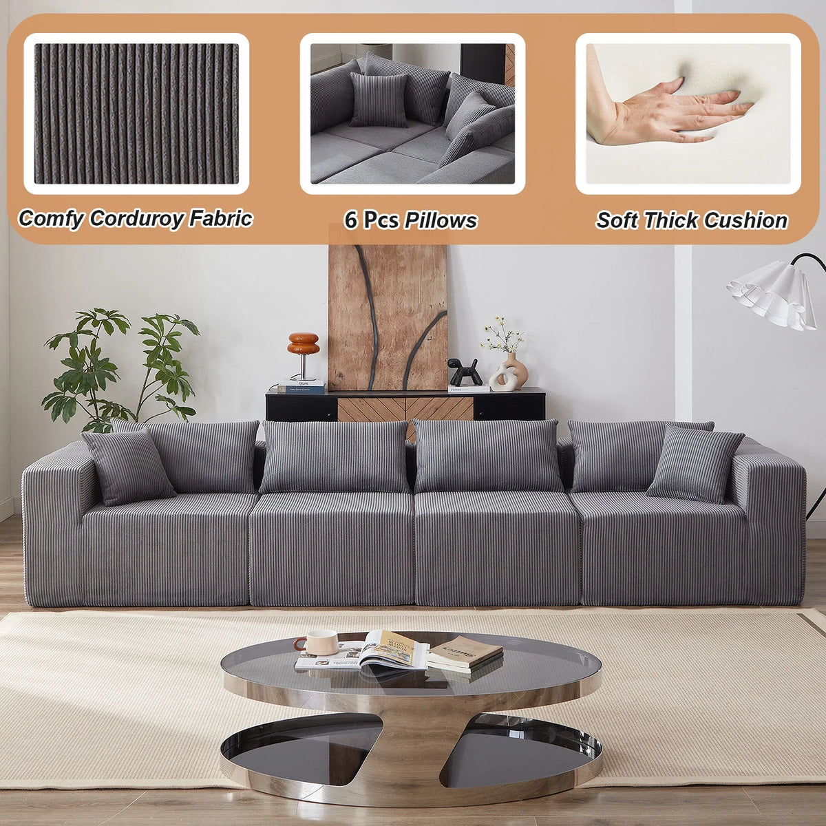 104-Inch Corduroy Modular L Shaped Sectional Sofa,Luxury Floor Couch Set,Upholstered Indoor Furniture,Foam-Filled Compressed Sofa for Living Room,Bedroom,4 PC Free Combination  ?