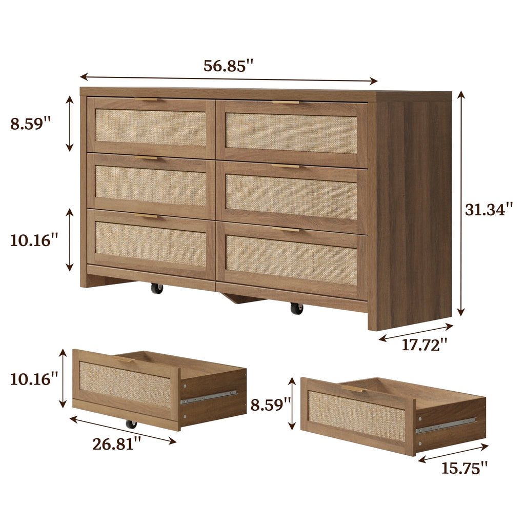 SICOTAS 56.85" 6 Drawer Dresser,Rattan Dresser with Storage,Boho Dressers & Chests of Drawers Wooden Tall  Dresser for Bedroom