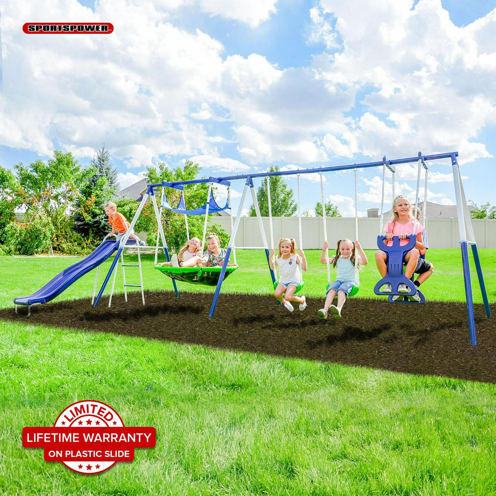Sportspower Outdoor Rosemead Metal Swing Set with Roman Glider. Saucer. 6.5′ Slide with Lifetime Warranty. and Bonus Anchor Kit. Great for Kids Aged 3-8
