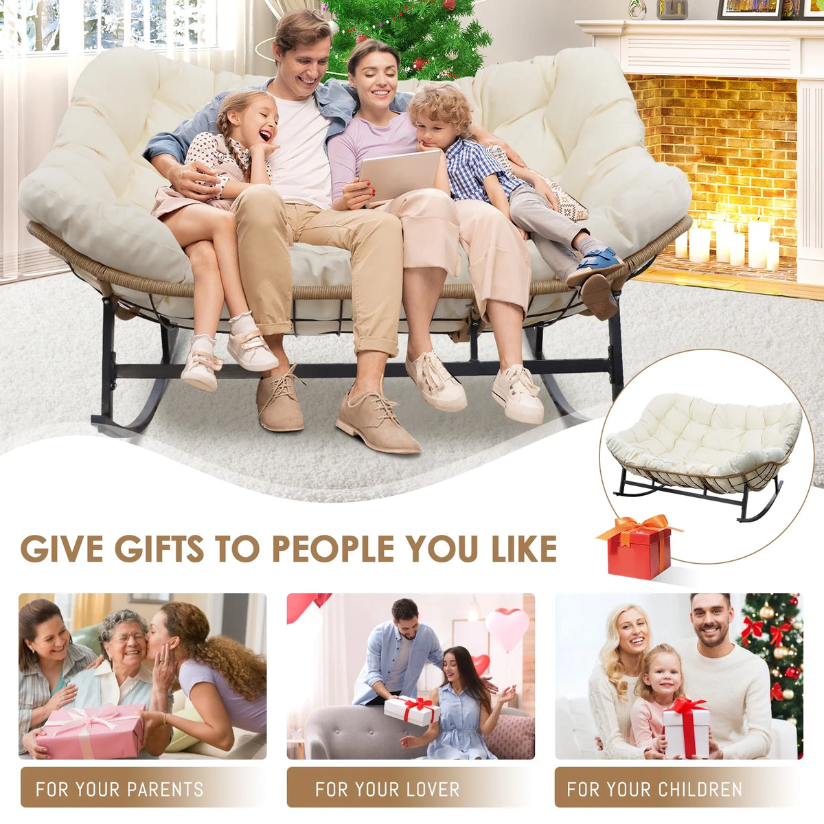 RADIATA Beige Double Outdoor Rocking Chair, 2 Person Patio Rocking Egg Chair with Thick Cushion