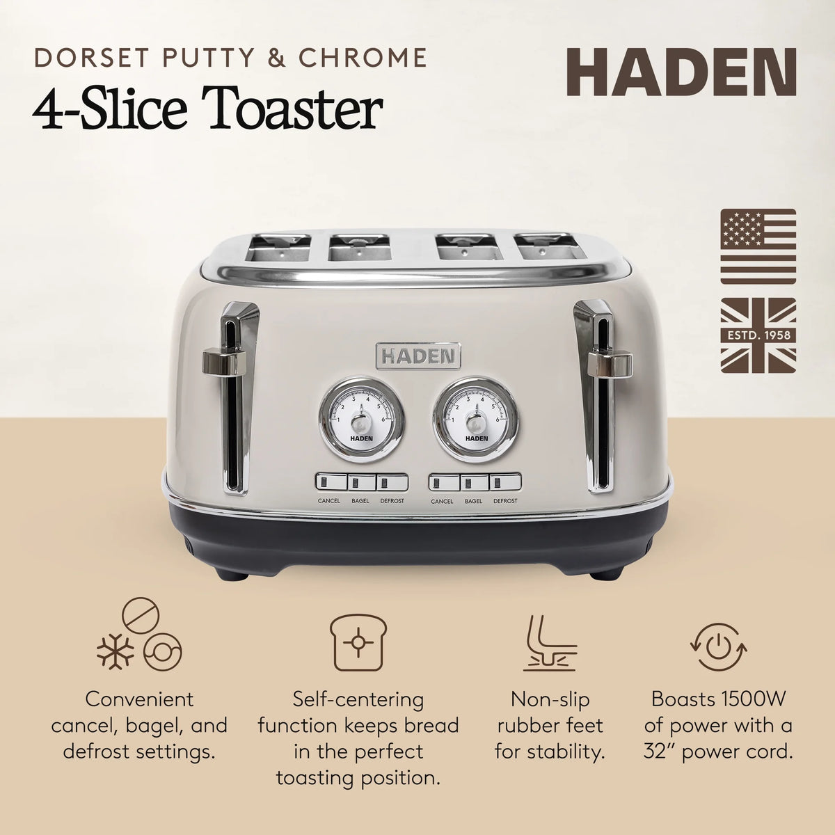 HADEN Dorset Stainless Steel 4-Slice Toaster with Browning Control, Cancel, Reheat and Defrost Settings
