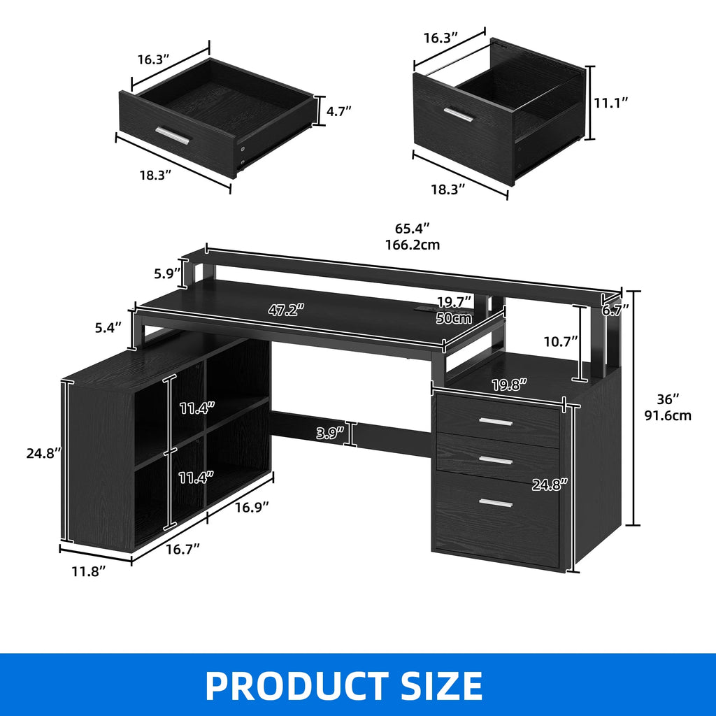 Dextrus 65" L Shaped Desk with Power Outlets and Monitor Stand , Computer Desk with LED Light &File Cabinet, Corner Desk with 3 Drawers & 4 Open Storage Shelves, Modern Home Office Desk, White