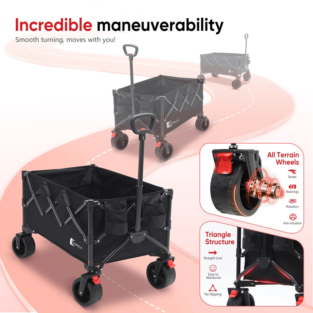 Sekey 330LBS Collapsible Wagon Cart, 220L Large Capacity Foldable Wagon, Heavy Duty Folding Utility Garden Cart with All-Terrain Wheels for Camp, Beach, Sport, Shop, Grocery (Black, 1-YEAR-WARRANTY)