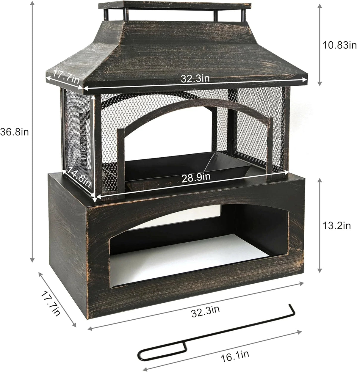 Large Outdoor Wood Burning Fireplace, house shape Outdoor Log Burner Fire Pit with Log Grate and Poker, 37" x 32" x 18" Large Metal Firepit for Patio Garden Backyard, Black