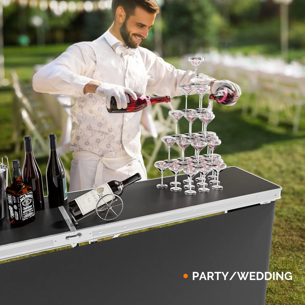 Ktaxon 78" Foldable Bar Table, Mobile Bar with 3-Tier Shelves & Carry Bag - Perfect for Events, Parties, Camping, Picnics, Tradeshows, and Both Outdoor/Indoor Use (Comes with Black Skirt, Black)