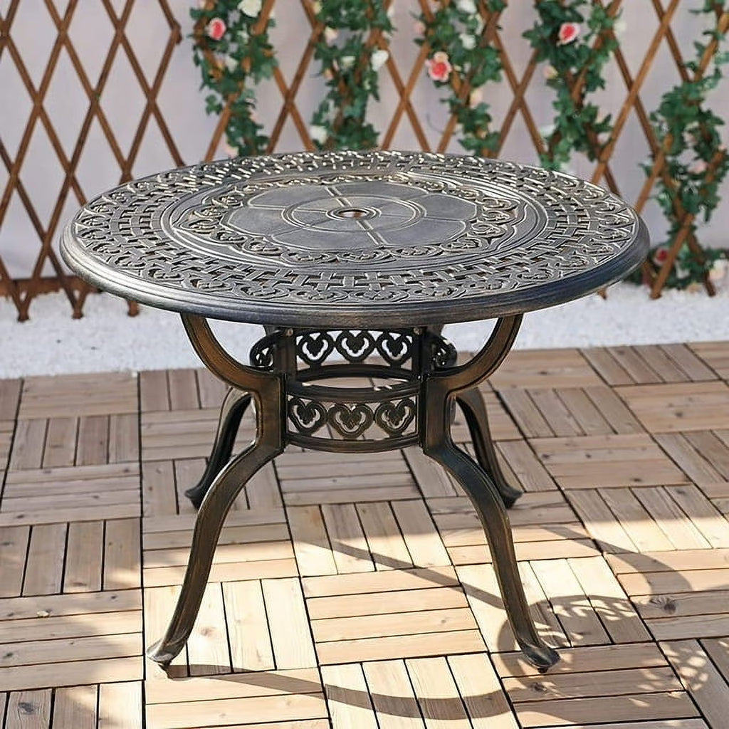 VIVIJASON 38.3" Patio Bistro Table Outdoor Dining Round Table Bronze Cast Aluminum Table with Umbrella Hole