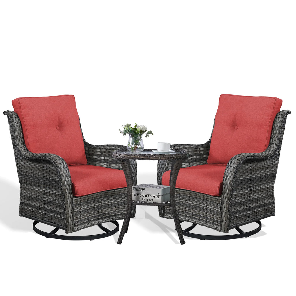 POCASSY 3 Piece Patio Set Outdoor Wicker Glider Rocking and Swivel Chairs with Cushions