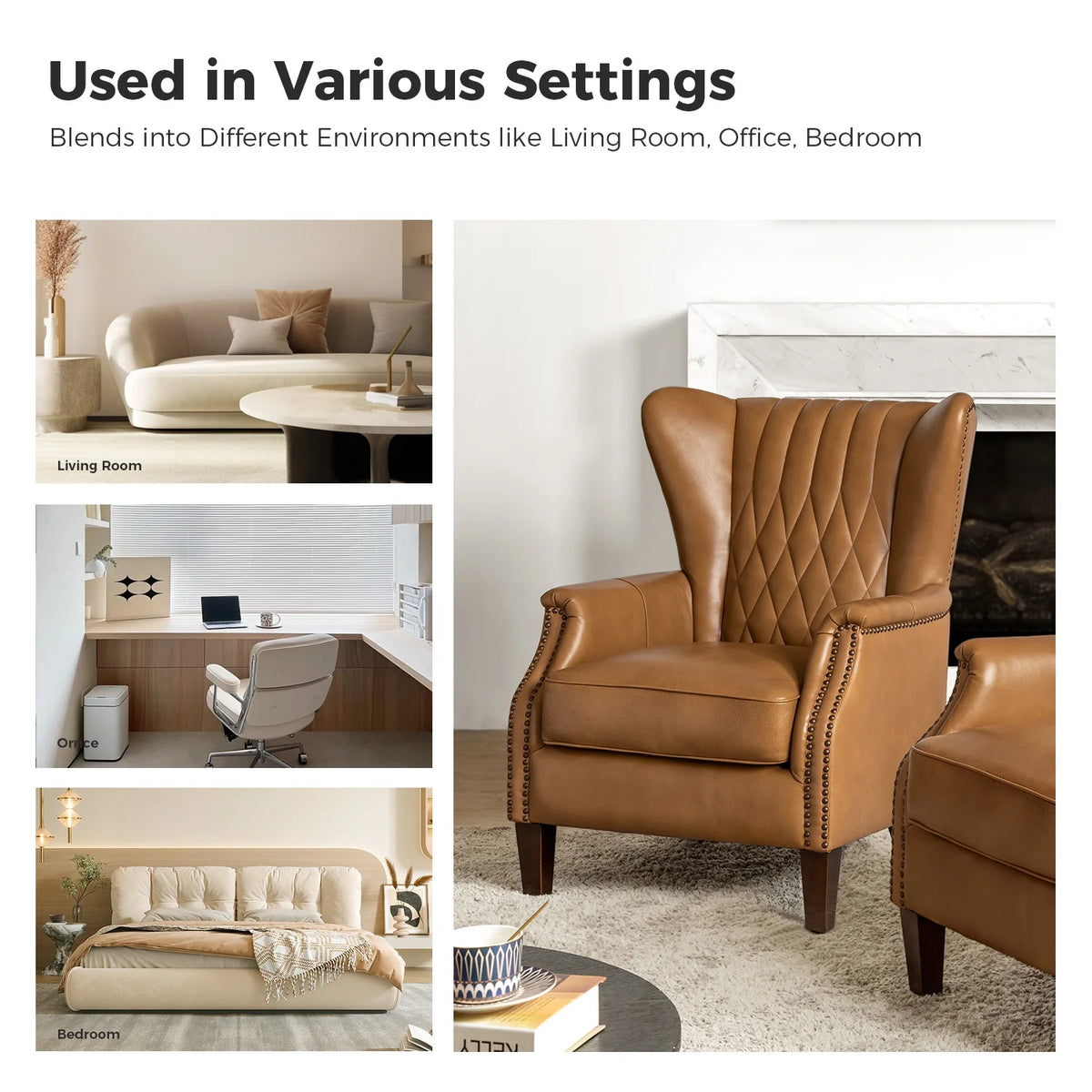 Traditional Genuine Leather Accent Chair with Nailhead Trim Tufted Armchair for Living Room Camel