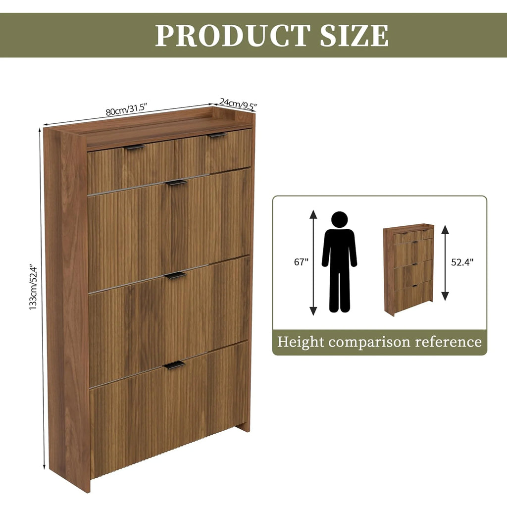 Shoe Cabinet, Free Standing Tipping Bucket Shoe Rack Organizer with 3 Flip Drawers, Modern Entryway Narrow Shoe Rack with 2 Drawers & Top Storage, for Hallway Bedroom, Walnut