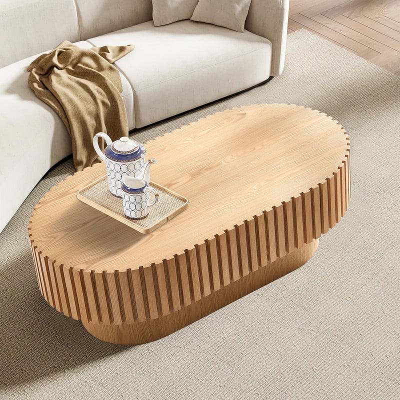 FFH 43.7 inch Oval Coffee Table for Living Room,Handcraft Rustic Corner Coffee Table Nature Wood Relief Sturdy Pedestal for Apartmen,Side Table Centre Table,Nature Wood