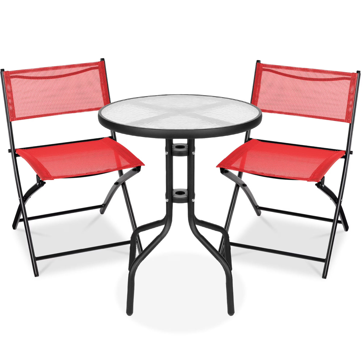 Best Choice Products 3-Piece Patio Bistro Dining Furniture Set w/ Glass Tabletop, Folding Chairs - Gray