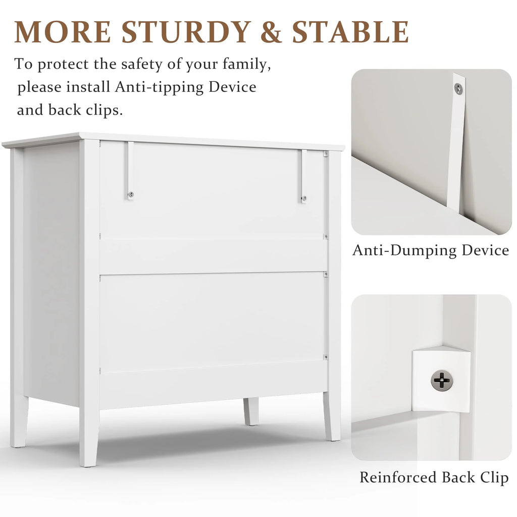 May Color Large White 3 Drawer Dresser Set of 2 with Fluted Panel, Modern Chest of Drawers with Silent Slide Drawers, Wood Accent Nightstand with Storage for Bedroom Living Room, Hallway