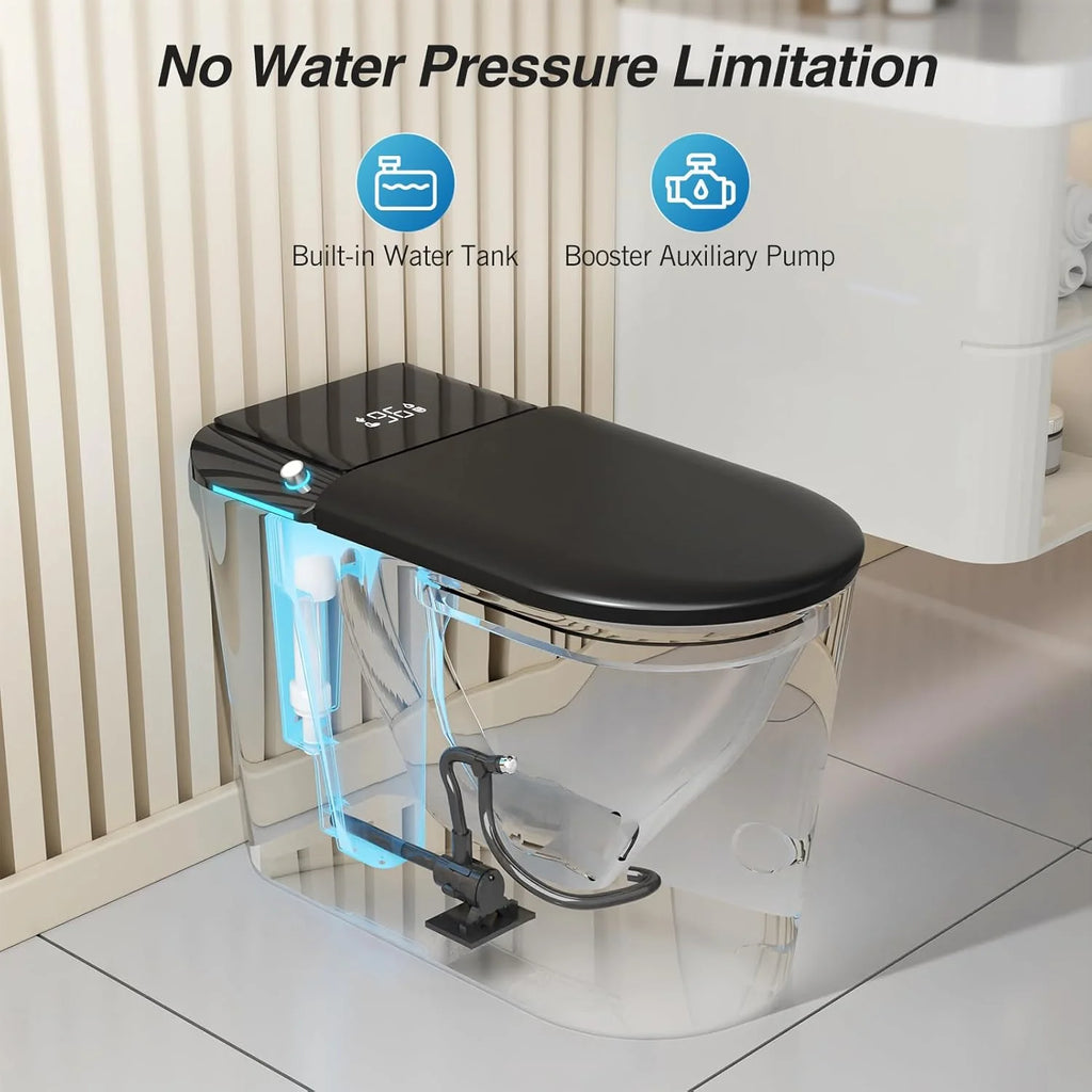 LALAHOO Smart Toilet with Bidet Built in, Auto Open & Close, Elongated Heated seat, Foot Sensor Flush, LED Display, Warm Water Wash, Dryer, Night Light, Black