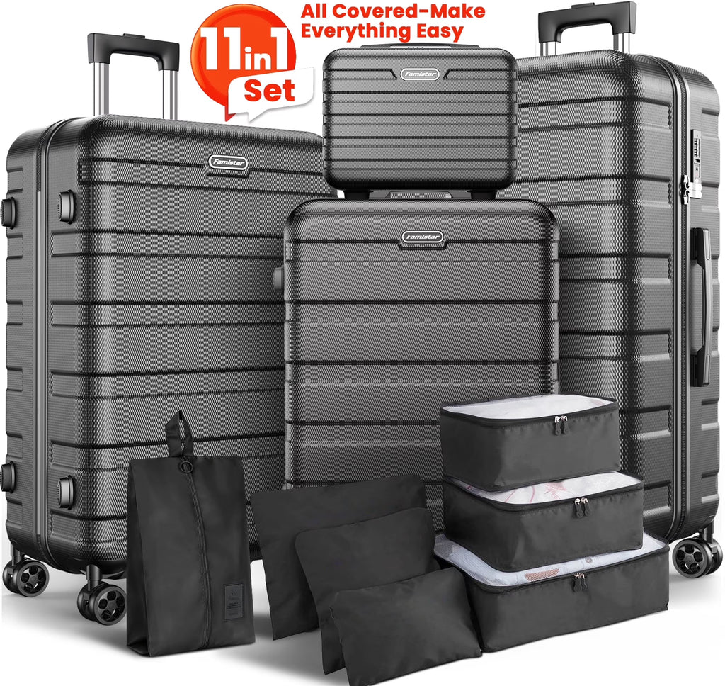 Famistar 11 Piece Hardside Luggage Suitcase Set with 360�� Double Spinner Wheels TSA Style Lock, 14�� Travel Case, 20" Carry-On Luggage, 24" Checked Luggage and 28" Checked Luggage, Black