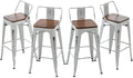 Andeworld Bar Stools Set of 4 Counter Height Stools Industrial Metal Barstools with Wooden Seats( 24 Inch, Distressed White )