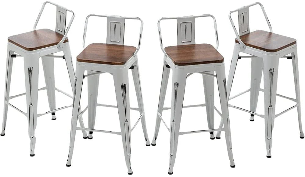 Andeworld Bar Stools Set of 4 Counter Height Stools Industrial Metal Barstools with Wooden Seats( 24 Inch, Distressed White )