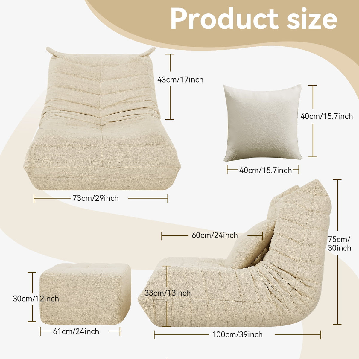 VFD Bean Bag Chairs for Adults, Beanbag Chair with Ottoman Lounge Sofa Memory Foam Comfy Reading Chair for Bedroom & Living Room, Lazy Floor Sofa Couch