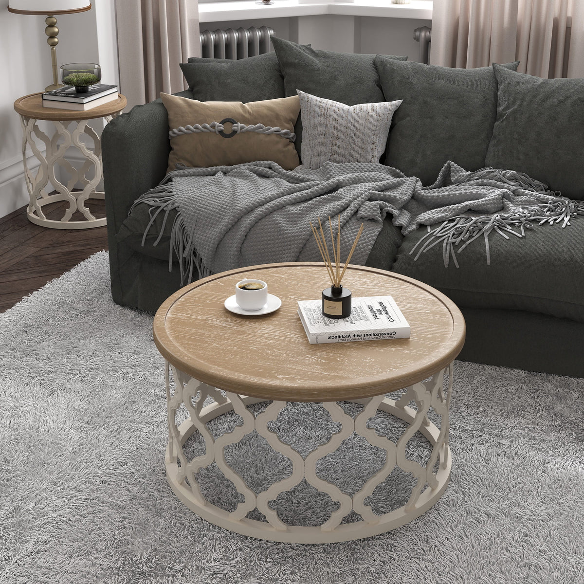 Bestco 30" Farmhouse Coffee Table, Round French Country Coffee Table, Distressed Wood Tray Top Vintage Coffee Table with Storage Shelf, Beige