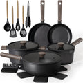 Astercook 18-Piece Pots and Pans Set, Nonstick Cookware Set with Elegant Wooden Handle, Oven Safe to 480��F, Induction Compatible, Kitchen Cooking Set for RV Trips, Camping and Picnic, Black