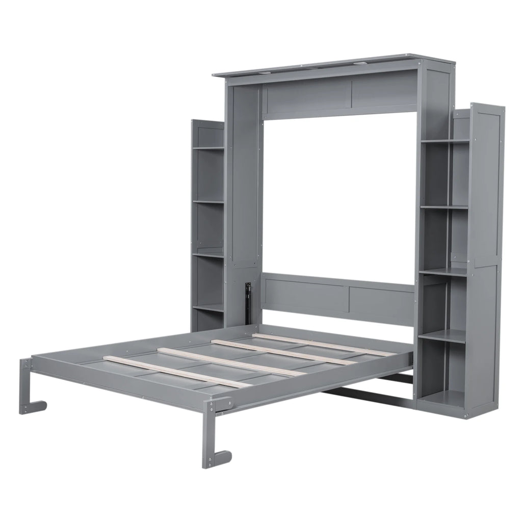 Aukfa Queen Size Murphy Bed with 5-Tier Storage Shelf & LED Lights, Foldable Wall Bed Cabinet with Mattress Support, Space-Saving Design for Guest Room/Home Office, Gray