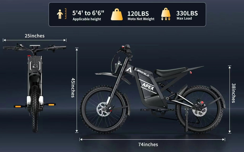 Arkveld Electric Bike for Adults, Peak-3000W, Max 40MPH and 80Miles Electric Motorcycle,25" Fat Tire Dirt Bike, APEX1 7-Speed E-Bike，White
