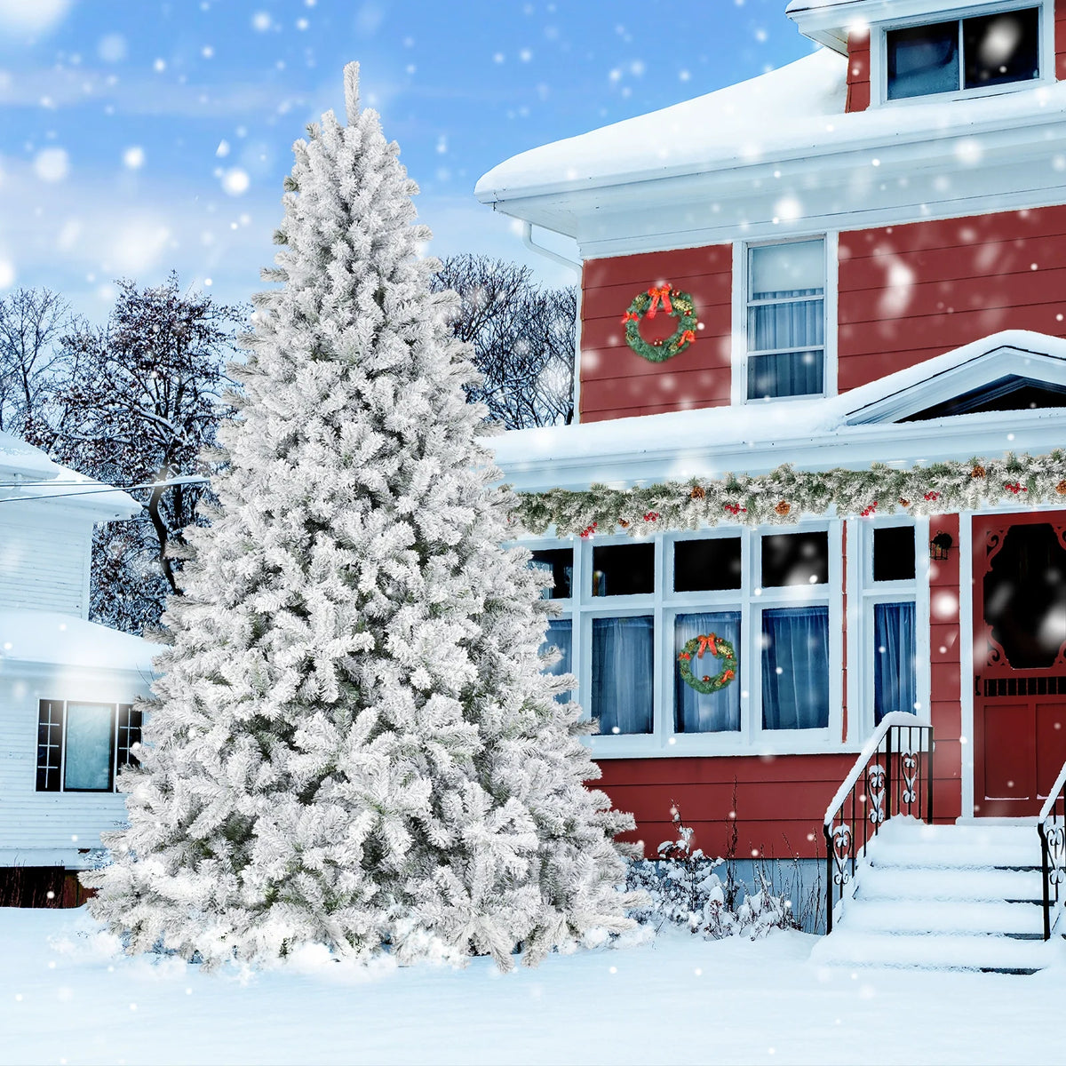 Qunler 9ft Snow Flocked Christmas Tree with 2028 Tips, Artificial Snowy Xmas Pine Tree with Reinforced Metal Base for Home Office Party Holiday Decorations ,White(NO Light)